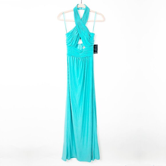 NWT Mac Duggal Cross Halter Neck Ruched Gown Aqua 2 #A0094 - Picture 2 of 7